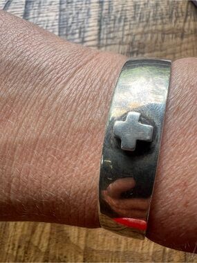 Sterling Silver Cuff Bracelet with Cross Accent - Silver